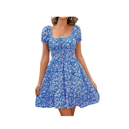 Womens Summer Casual  Neckline Puff Sleeve High Waist Dress